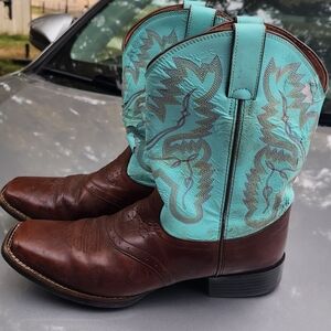 Justin Youth Leather Brown and Turquoise Western Boots 6D.